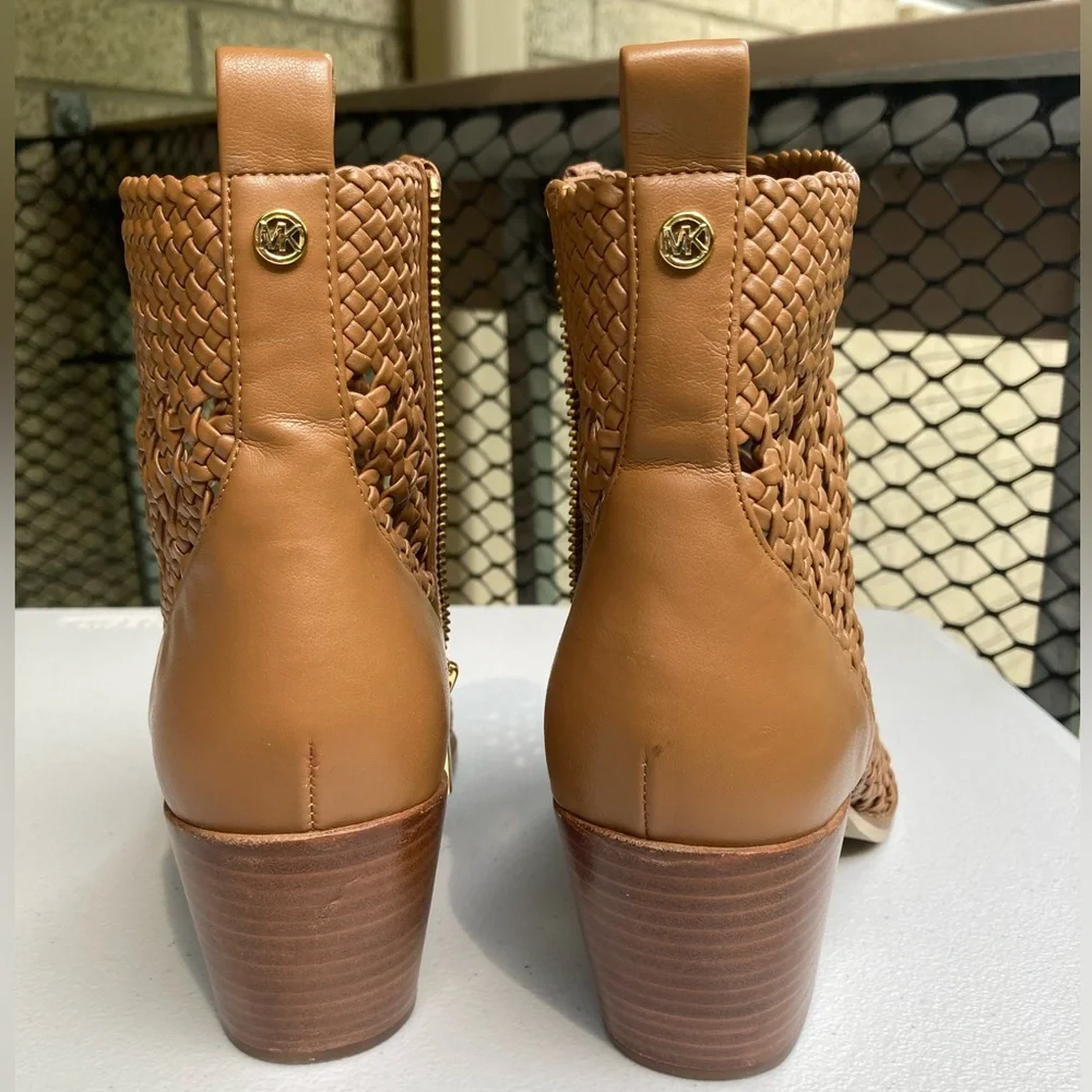 Michael Kors Augustine Tan Brown Woven Leather Ankle Bootie Western Style Boot
